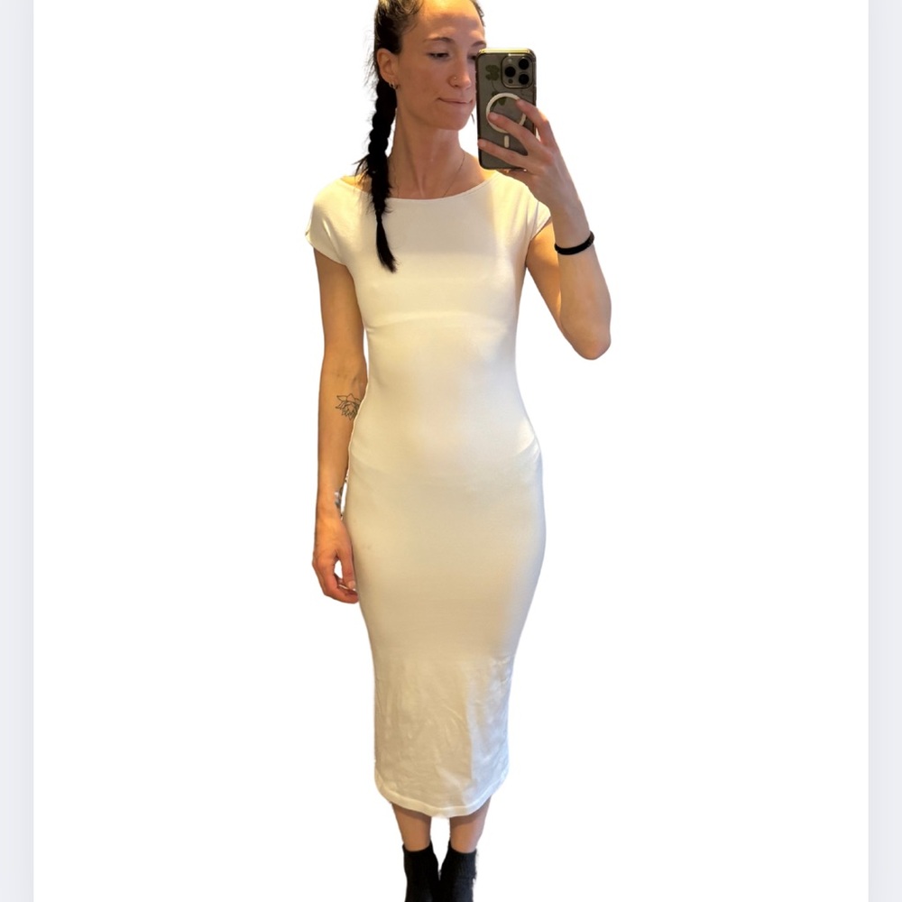 Zara White Sheath Midi Dress with Cap Sleeves